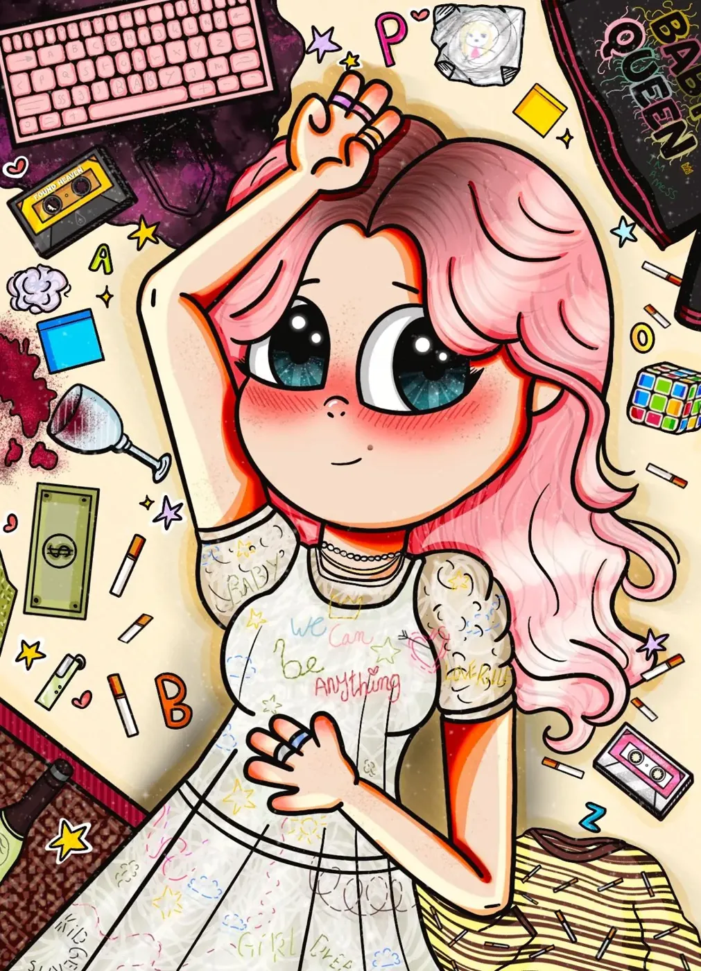 Baby Queen fanart - handgetekend chubby cartoon portret met roze haar liggend tussen persoonlijke spullen door Jelle Monderman