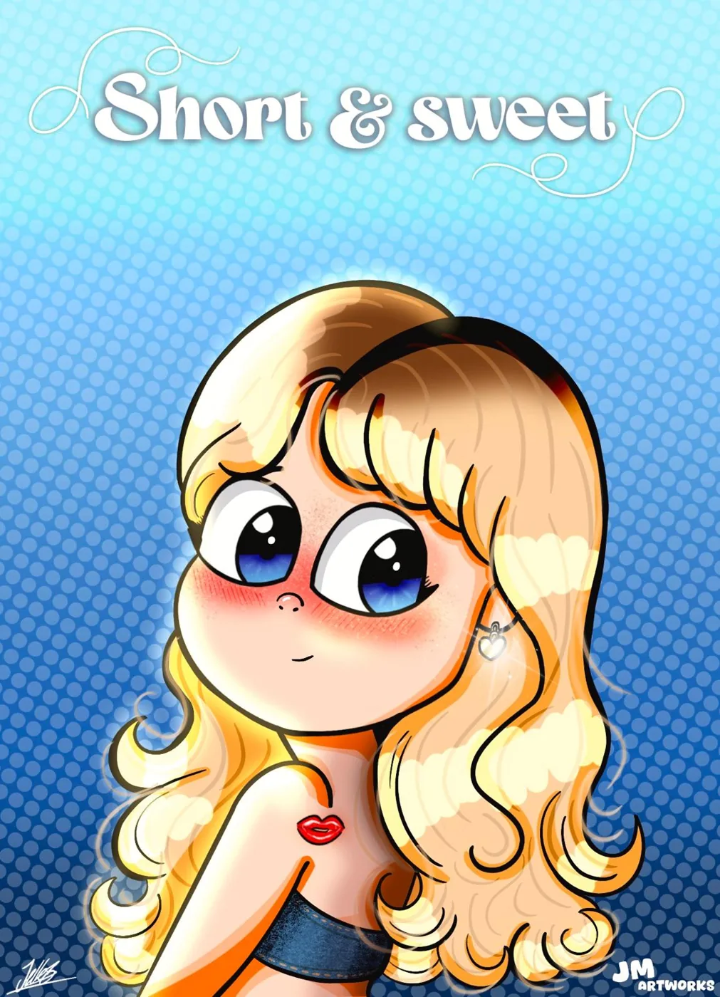 Short & sweet poster - handgetekend blond chubby cartoon portret op blauwe stippenachtergrond door Jelle Monderman