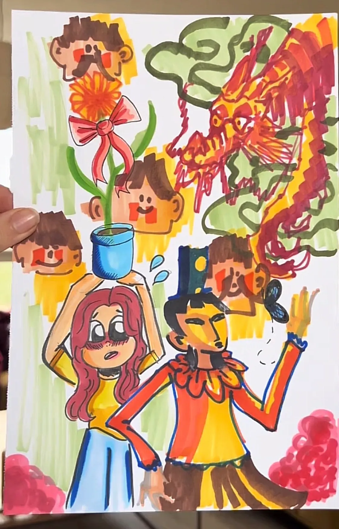Tekenchallenge resultaat 1 - Kleurrijke illustratie met karakters en een draak