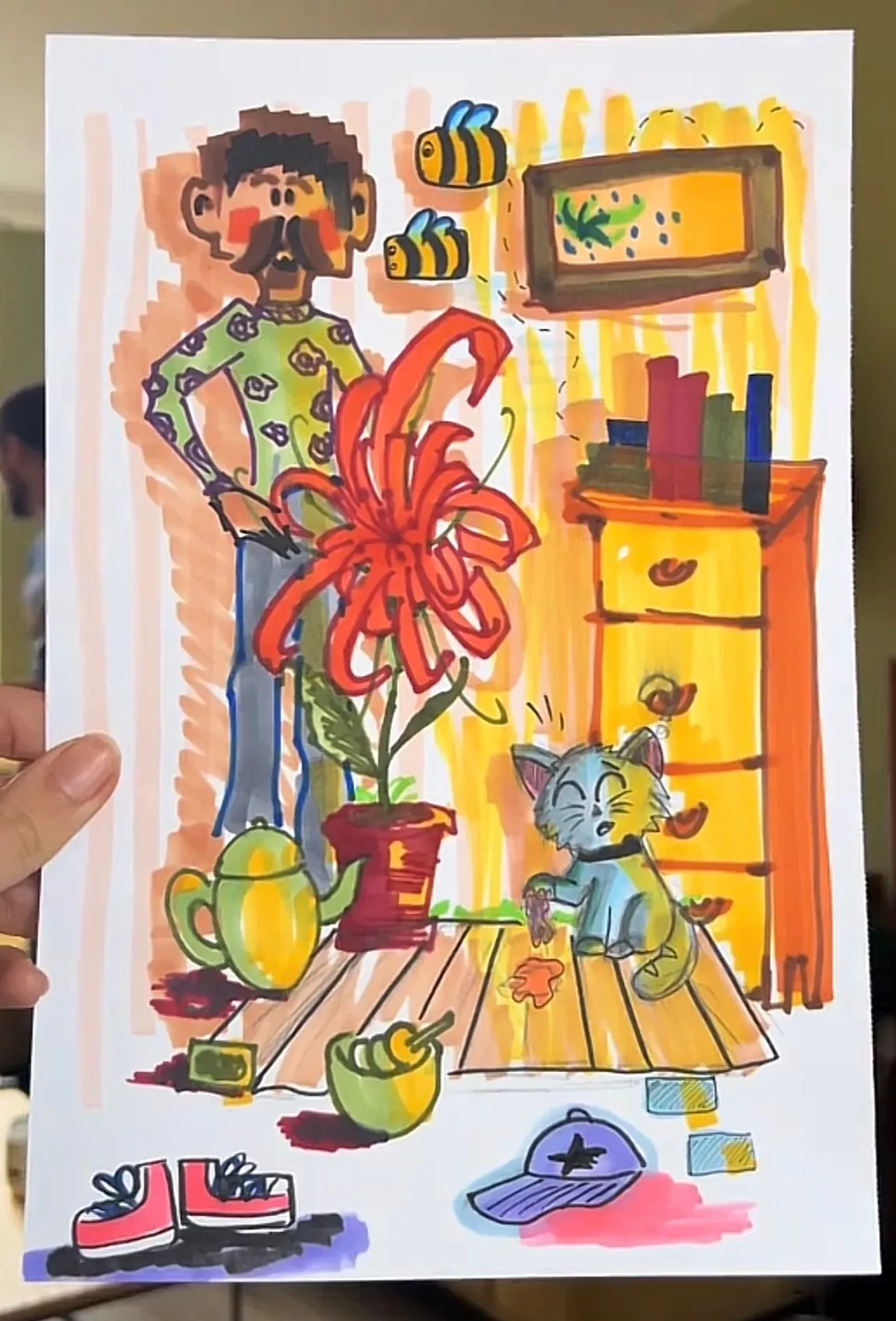 Tekenchallenge resultaat 2 - Kleurrijke illustratie met een karakter en kat