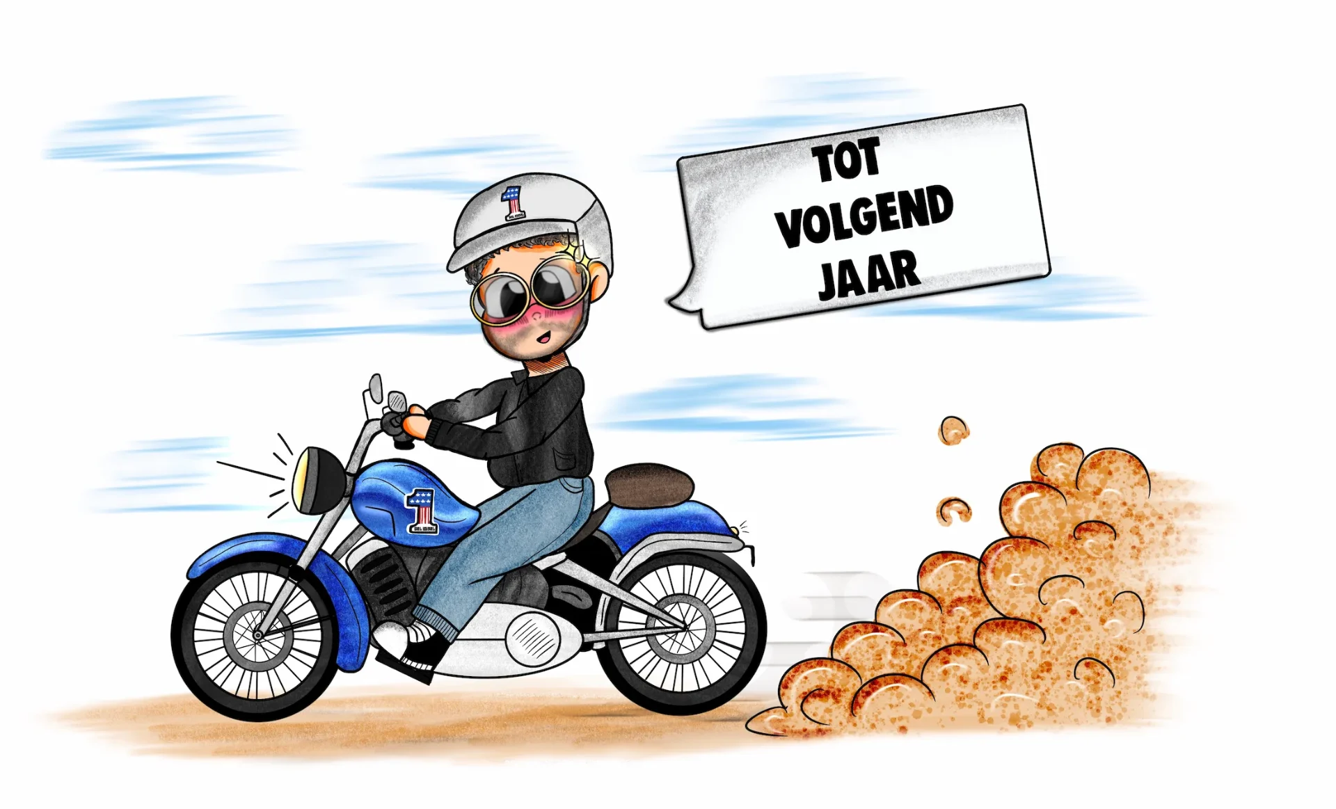 Handgetekende chubby cartoon motorrijder stripfiguur met stofwolk - digitale tekening illustratie actie scène JM Artworks