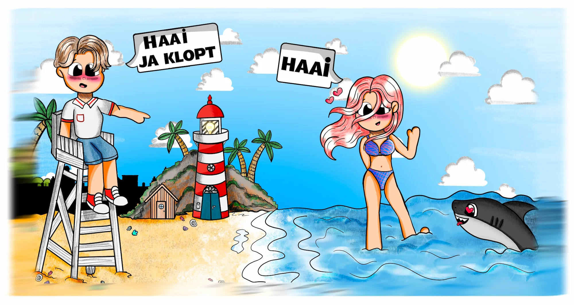 Strand Avontuur met Haai - Digitale illustratie door Jelle Monderman