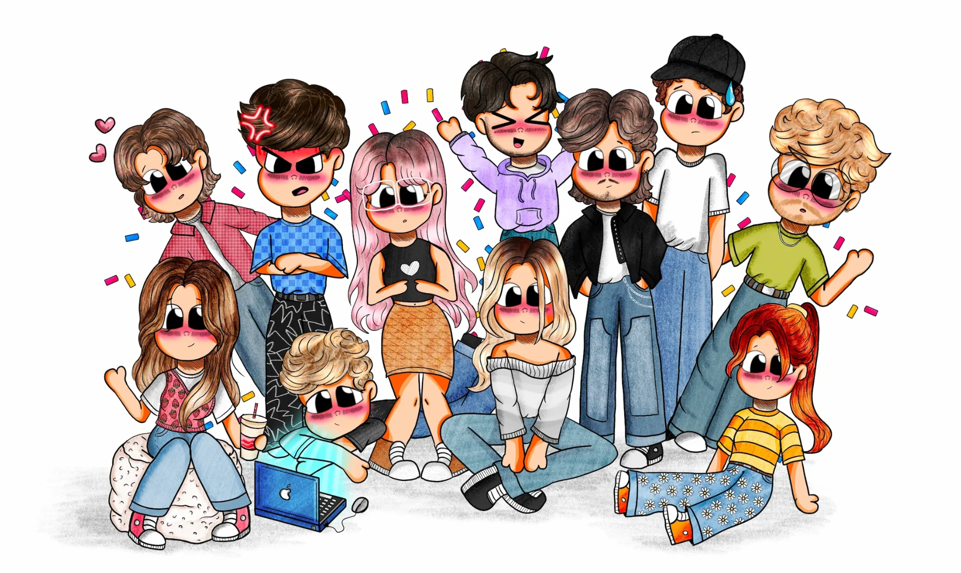 Grote Groep Vrienden Portret - Digitale illustratie door Jelle Monderman
